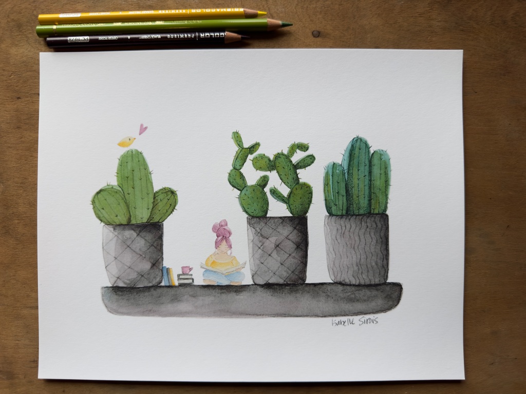 Illustration d'une fille qui lit sous les cactus avec son café