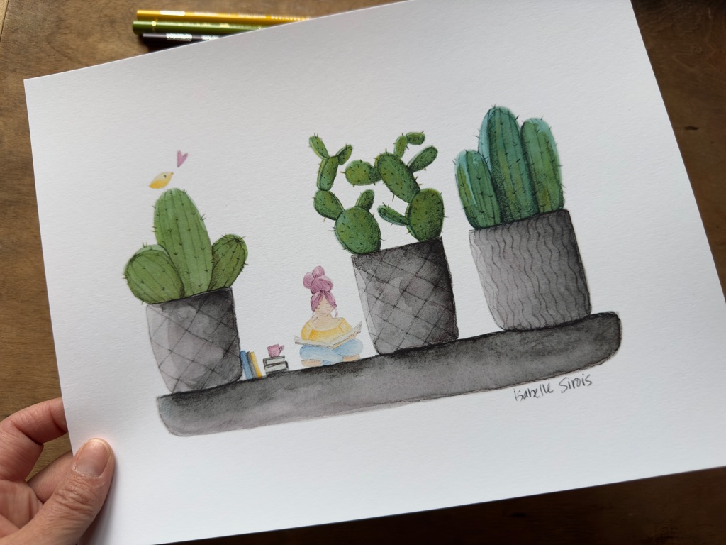 Dessin d'une fille qui lit sous des cactus plus grand que nature
