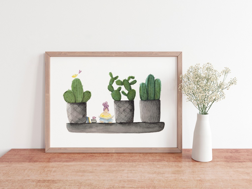Reproduction imprimée d'une aquarelle. Fille qui lit sous les cactus
