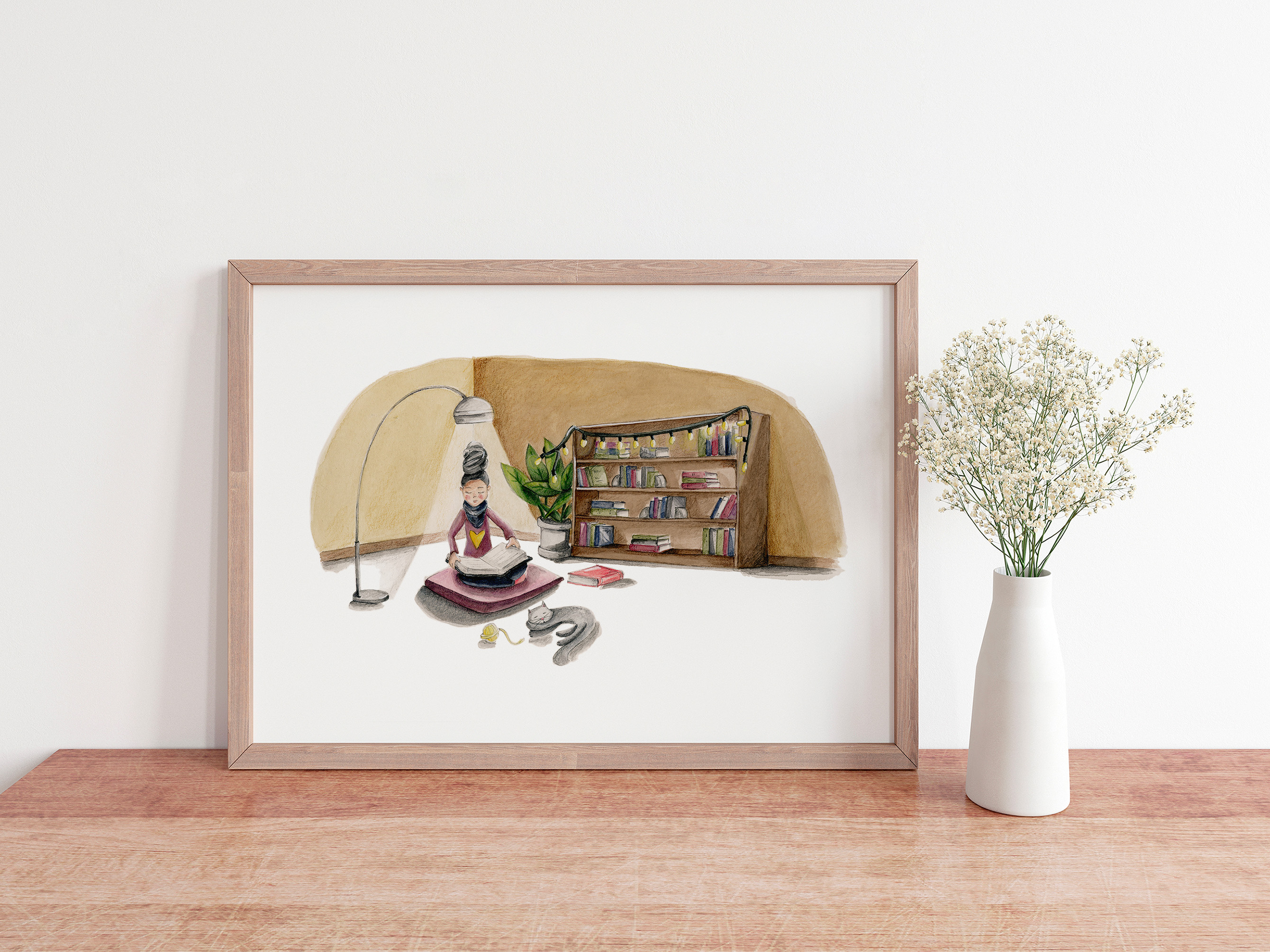 Affiche illustrant une fille qui lit dans une bibliothèque accompagnée d'un chat